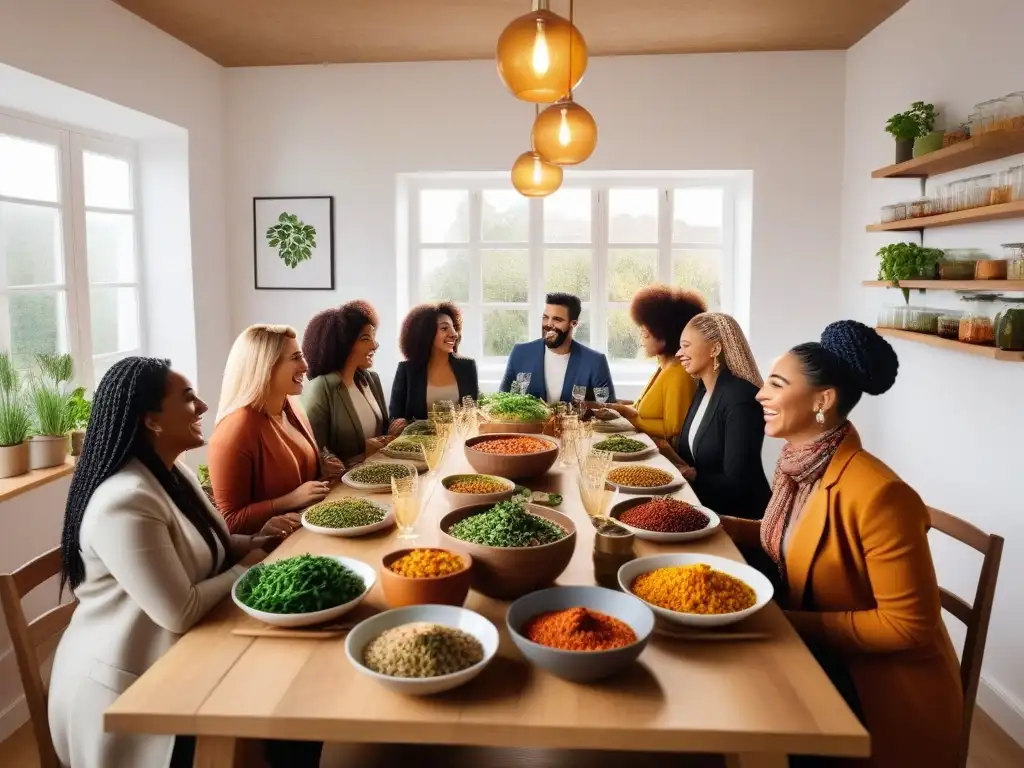 Una escena animada y moderna de personas diversas disfrutando de recetas veganas tradicionales sin alérgenos en una cocina acogedora y soleada