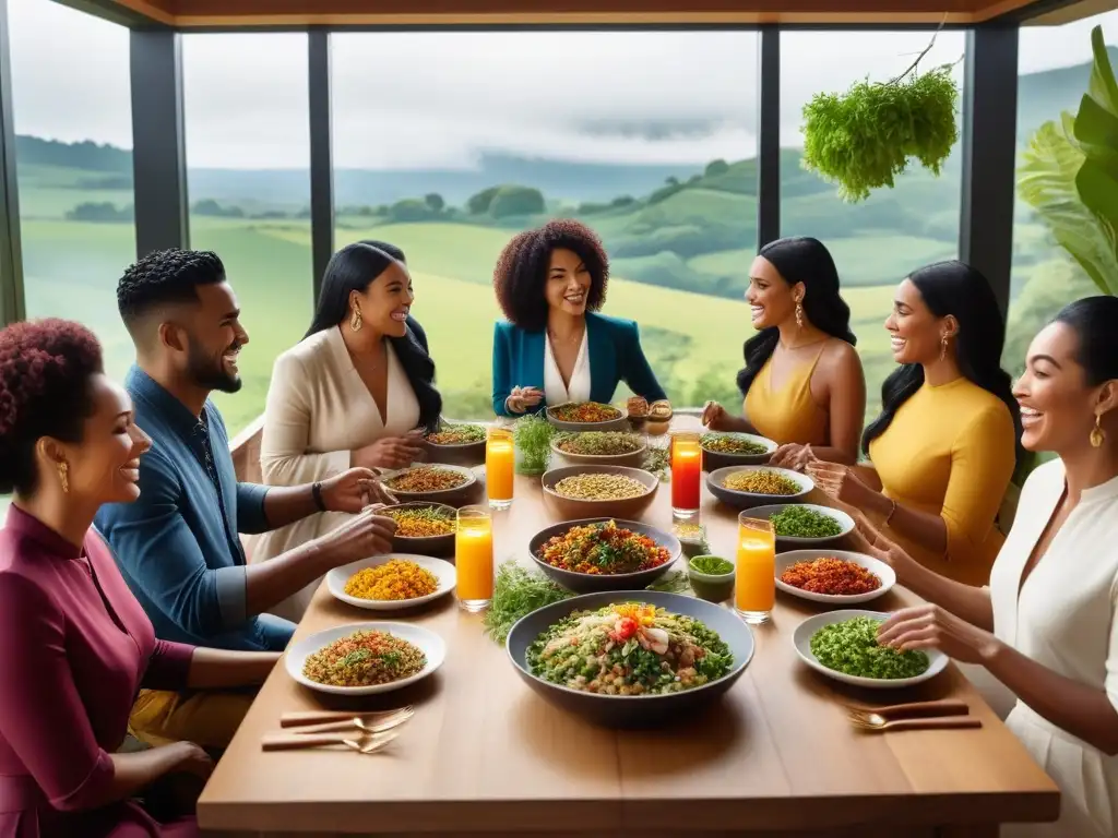 Escena animada de personas diversas disfrutando de fusiones veganas sostenibles en un comedor luminoso y sostenible