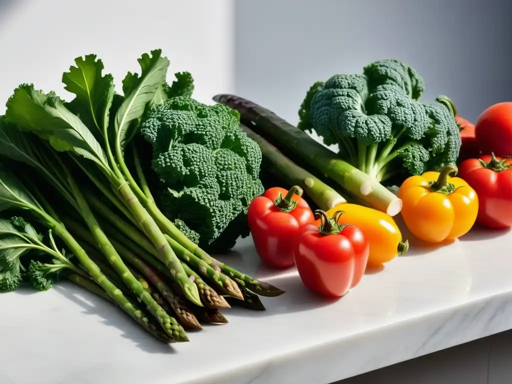 Una escena apetitosa de ingredientes veganos frescos en una encimera de mármol blanco