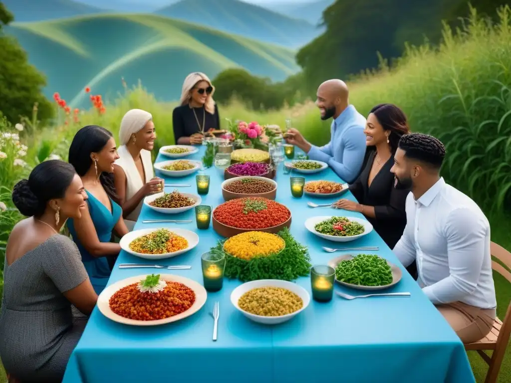 Una escena armoniosa de diversidad y sostenibilidad en una mesa al aire libre con deliciosa comida vegana