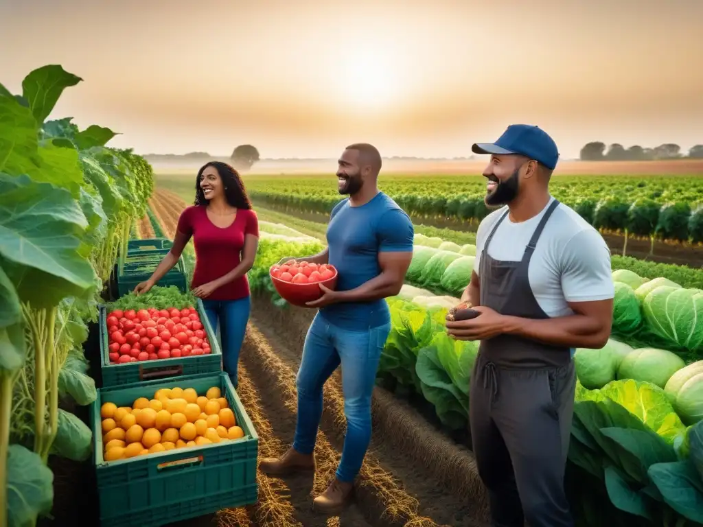 Una escena armoniosa en una granja vegánica abundante, personas de distintas edades y etnias cosechan frutas y verduras con alegría al atardecer