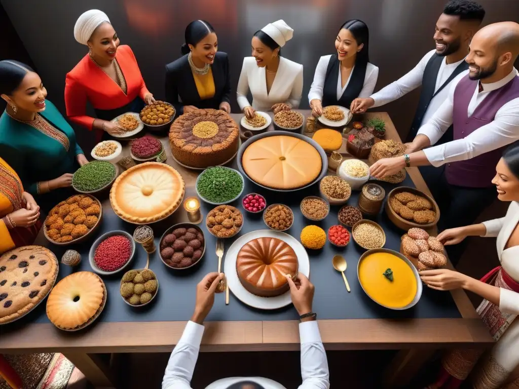 Una escena armoniosa de intercambio cultural y delicias culinarias en una panadería vegana sin gluten global