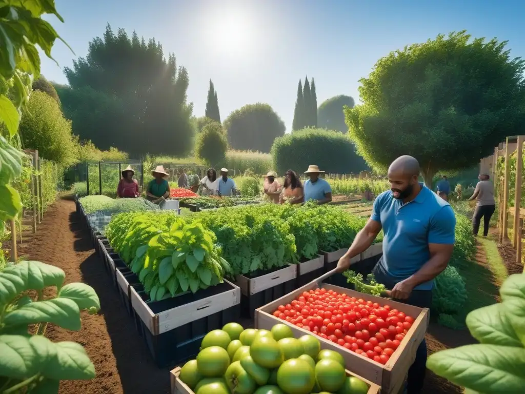 Una escena armoniosa y vibrante de personas diversas cosechando frutas y verduras en un jardín comunitario, conectadas con la naturaleza