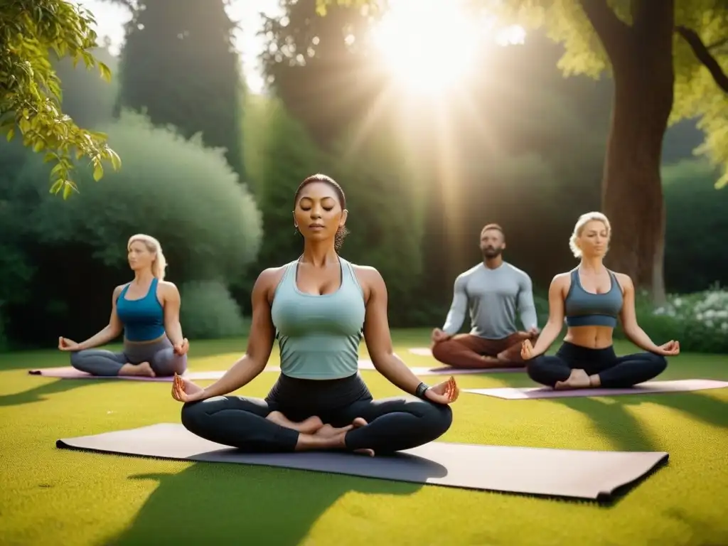 Una escena armoniosa de yoga al atardecer en un parque, con personas diversas en diferentes posturas