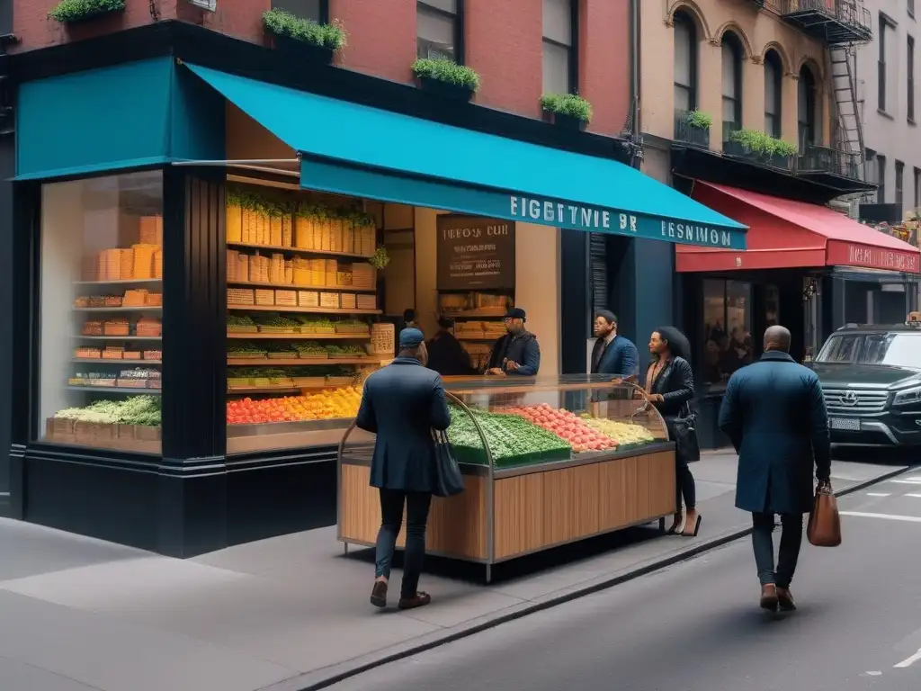 Escena callejera vibrante y bulliciosa en Nueva York, con tiendas veganas especializadas y modernas