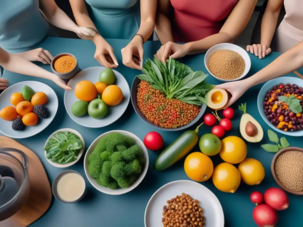 Una escena cautivadora de diversidad en una mesa llena de platos veganos balanceados y coloridos