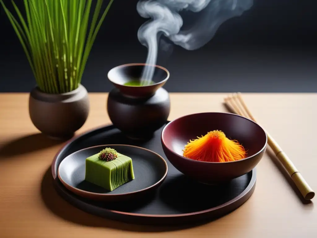 Escena de ceremonia del té japonesa con utensilios y wagashi veganos, iluminación suave y detalles elegantes