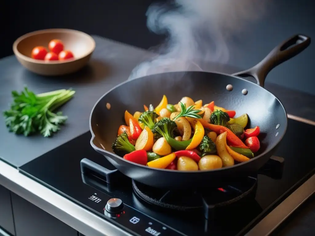 Escena de cocina moderna con sartén cerámica y sartén de hierro, ideal para cocinar vegano