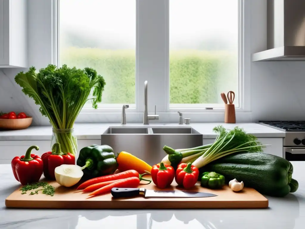 Una escena de cocina moderna con ingredientes frescos y utensilios para preparar un guiso de carne vegano