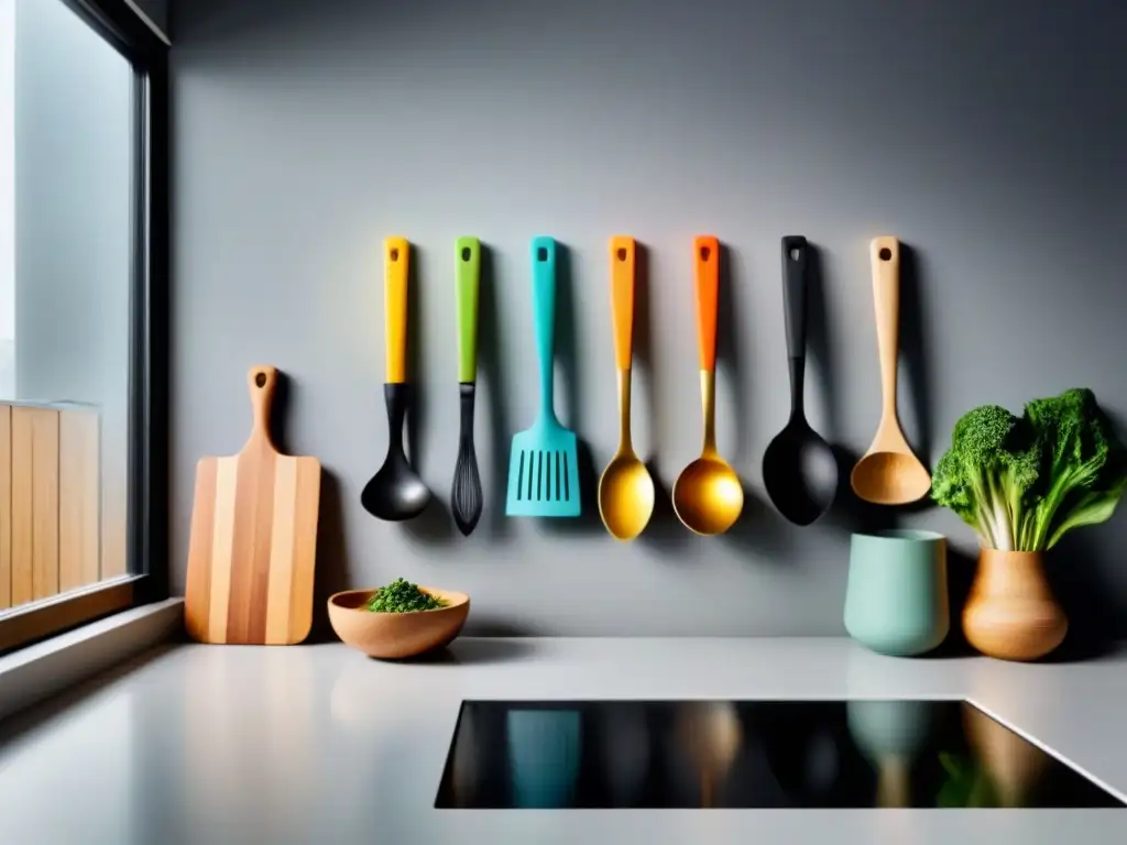 Escena de cocina moderna con utensilios cocina veganos sostenibles en 3D, iluminados por luz natural