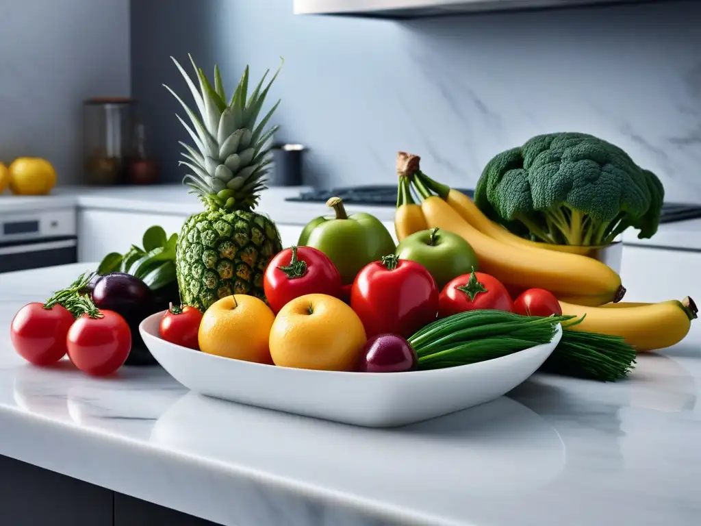 Escena de cocina moderna y vibrante con frutas y verduras coloridas recién lavadas en un elegante mostrador de mármol