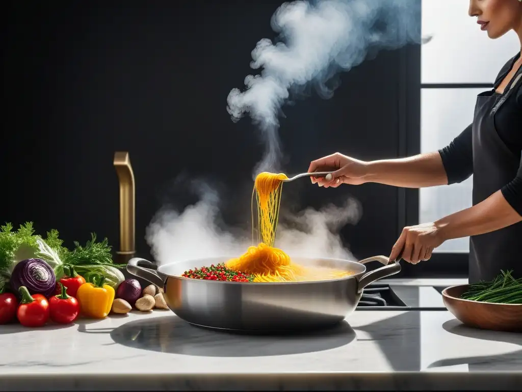 Una escena de cocina moderna y vibrante con vegetales y especias coloridos, reflejando la esencia de la Cocina Soul Vegana Profunda