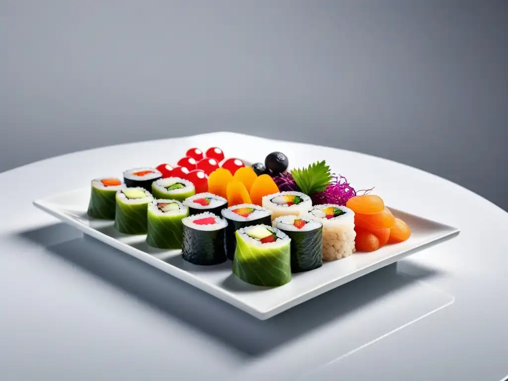 Una escena de cocina vegana gourmet cruda internacional con platos coloridos y frescos en un entorno moderno y sofisticado