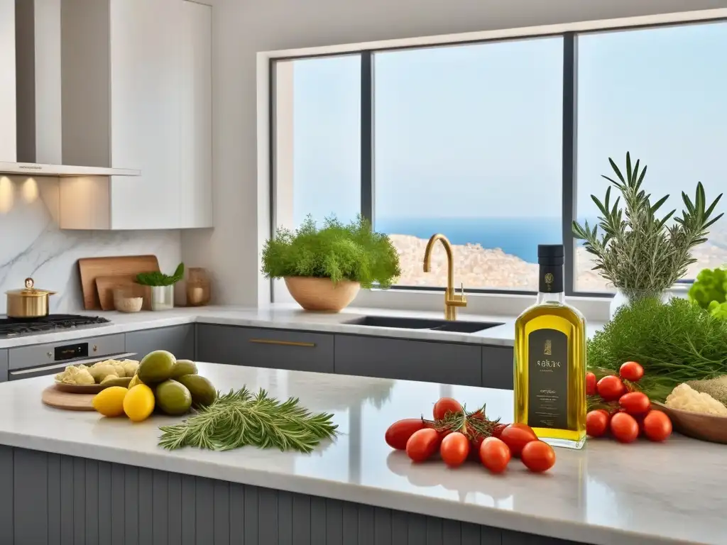 Escena de cocina vegana mediterránea con los mejores aceites de oliva, diseño moderno y elegante
