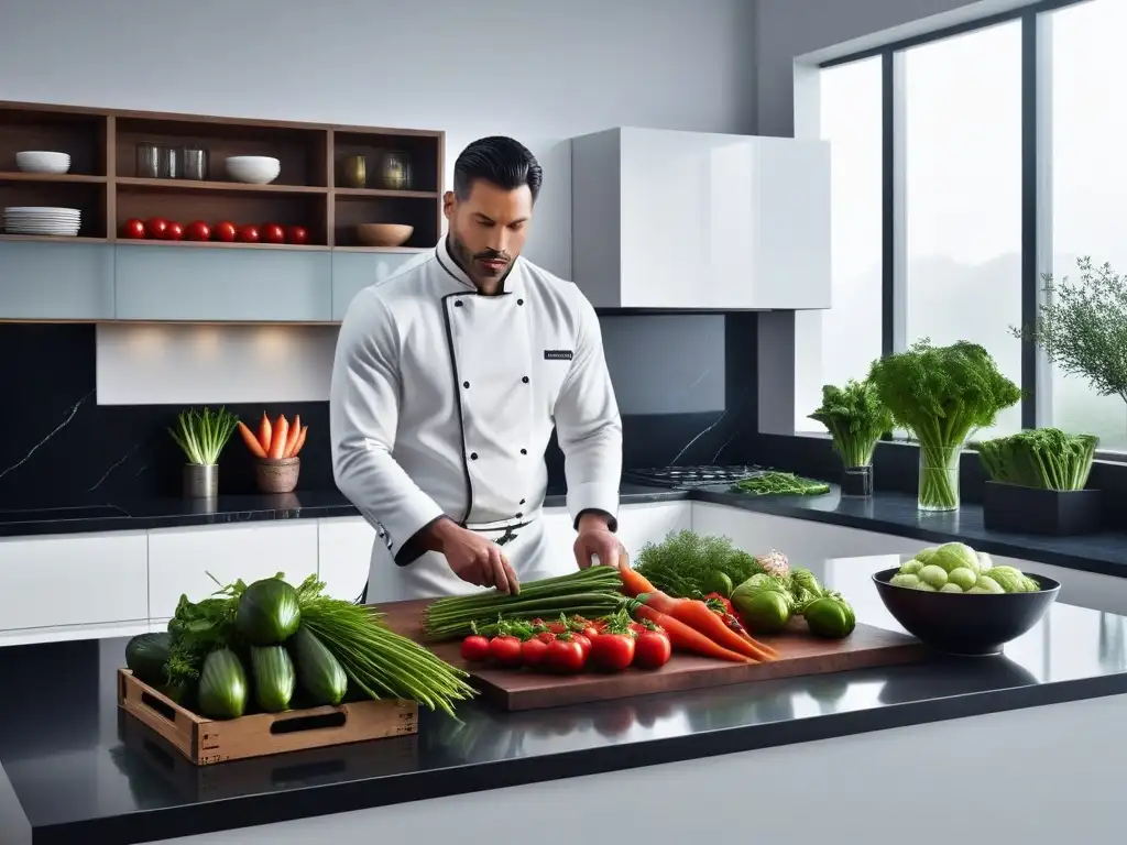 Escena de cocina vegana minimalista con vegetales frescos en elegantes cajas de madera y frascos de vidrio