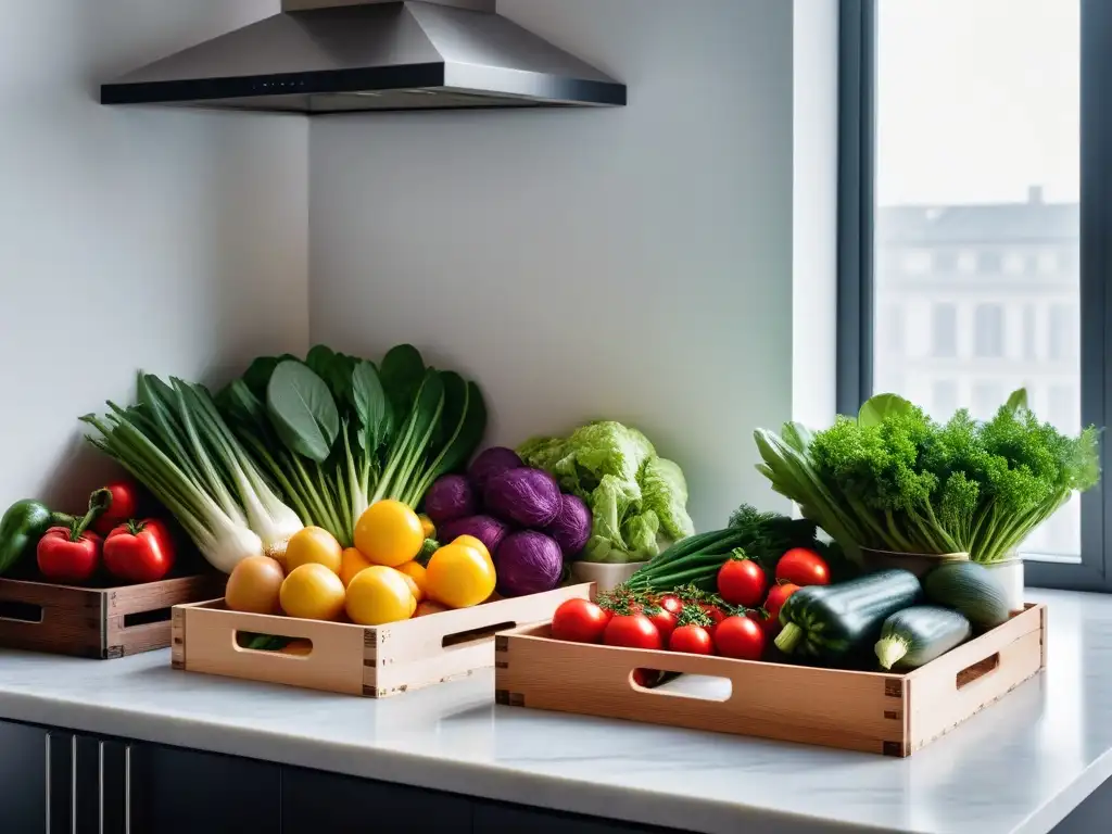 Escena de cocina vegana moderna con vegetales frescos en cajas de madera