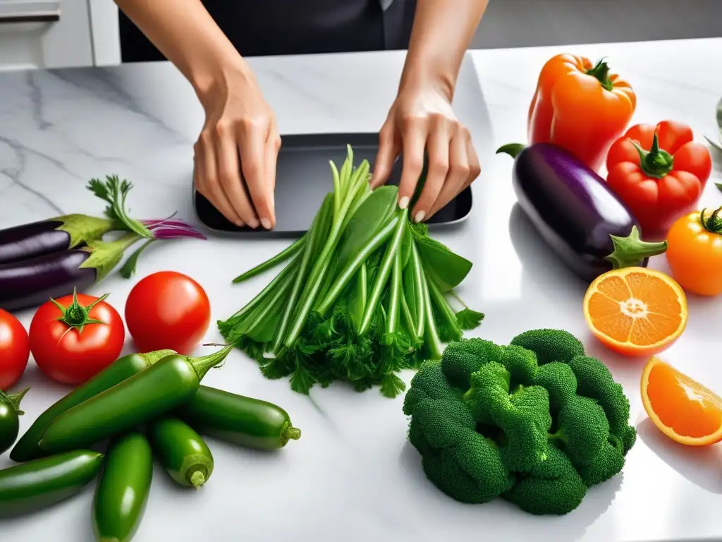 Una escena de cocina vegana tradicional renovada, con vegetales coloridos en un elegante mostrador de mármol