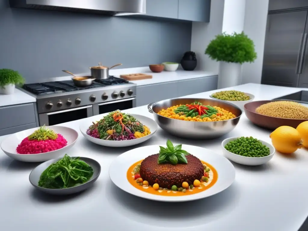 Una escena de cocina vegana de vanguardia con platos coloridos y creativos en una elegante encimera de acero inoxidable