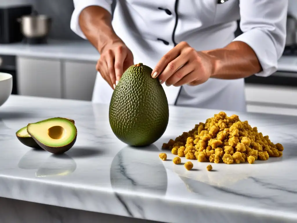 Una escena de cocina vibrante y moderna con ingredientes veganos coloridos y exóticos en una elegante encimera de mármol