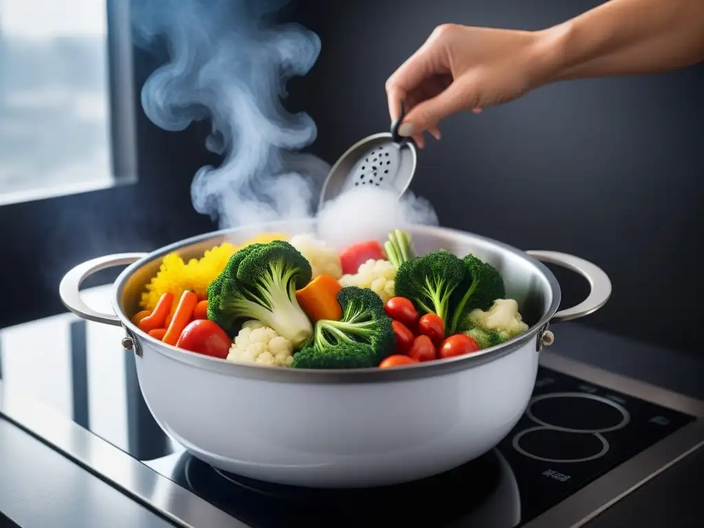 Una escena de cocina vibrante y moderna con verduras al vapor rodeadas de hierbas aromáticas, en un ambiente profesional e invitador