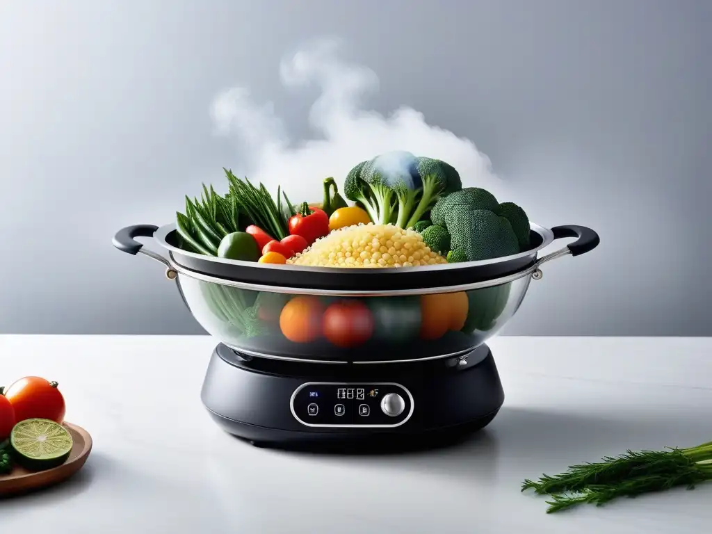 Una escena de cocina vibrante y moderna con alimentos veganos cocinados al vapor