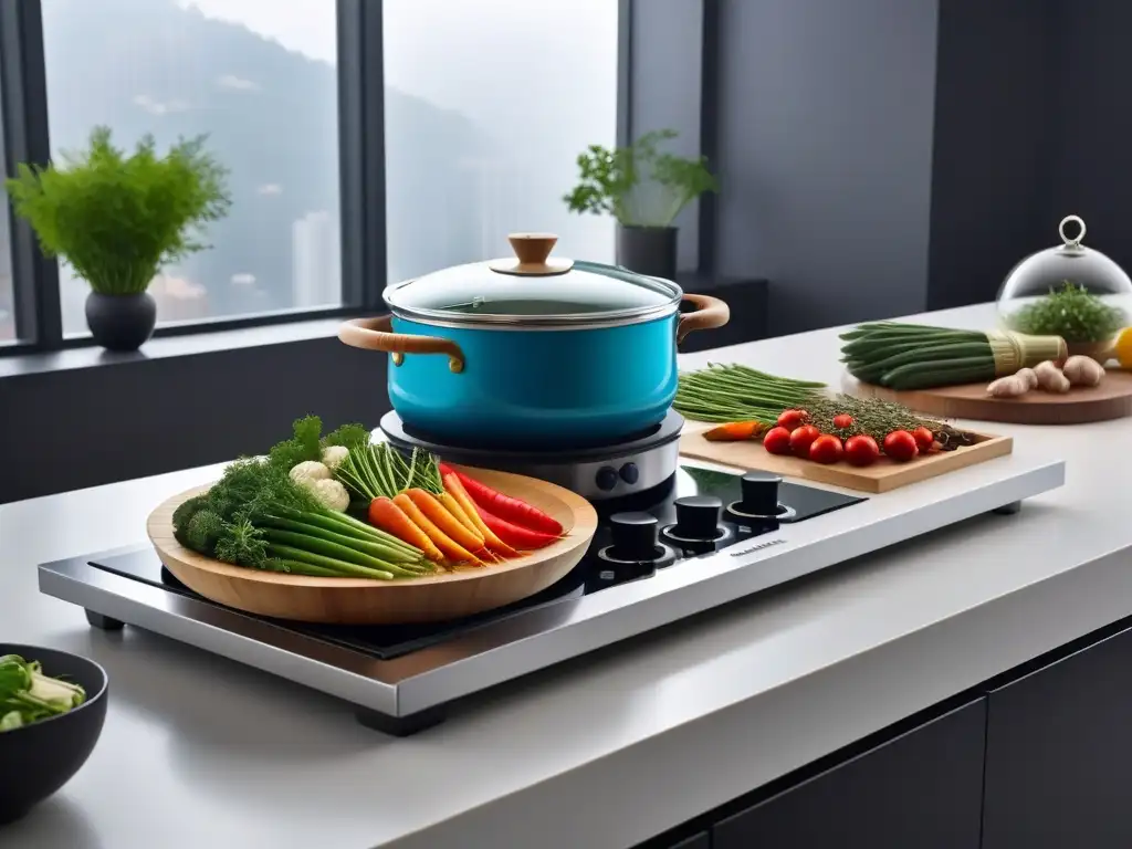 Una escena de cocina vibrante y moderna con verduras coloridas al vapor en bambú, ideal para cocinar al vapor recetas veganas