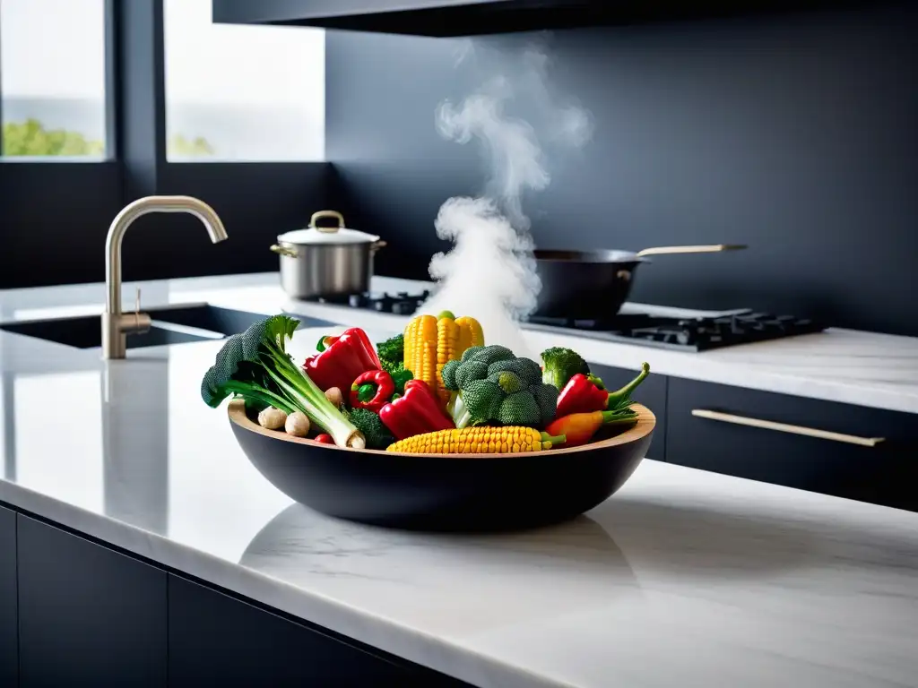 Una escena de cocina vibrante y moderna con verduras de temporada al vapor en un vaporera de bambú, evocando frescura y salud