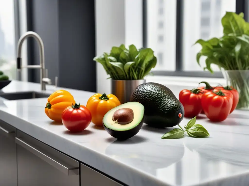 Una escena de cocina vibrante y moderna con ingredientes veganos frescos y coloridos en una encimera de mármol