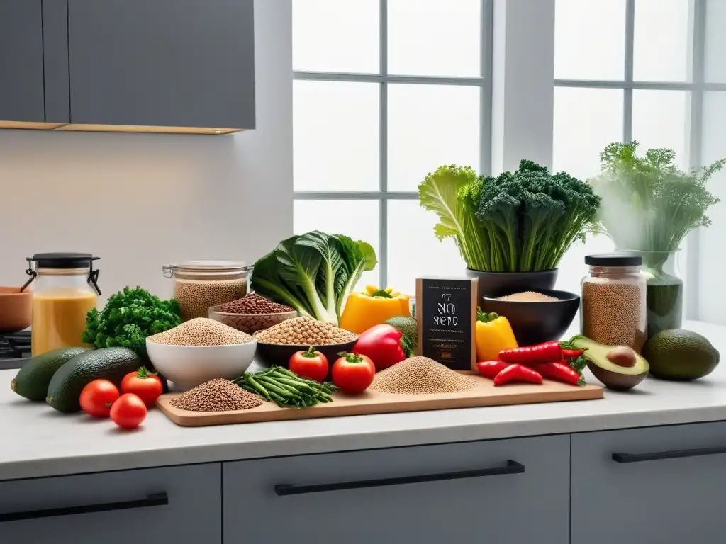 Una escena de cocina vibrante y moderna con ingredientes veganos coloridos y ricos en proteínas