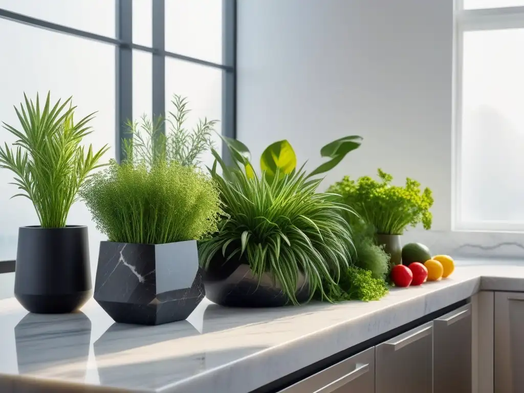 Una escena de cocina vibrante y moderna con hierbas y plantas adaptógenas coloridas, iluminadas por el sol en un elegante mostrador de mármol