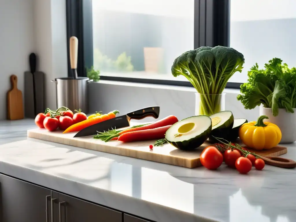 Una escena de cocina vibrante y moderna con vegetales coloridos sobre una encimera de mármol, cuchillos de chef y tabla de cortar