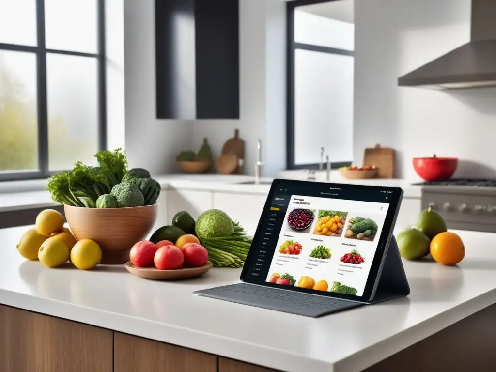 Una escena de cocina vibrante y moderna con frutas y verduras coloridas en cuencos de cerámica, iluminada por la luz de la mañana