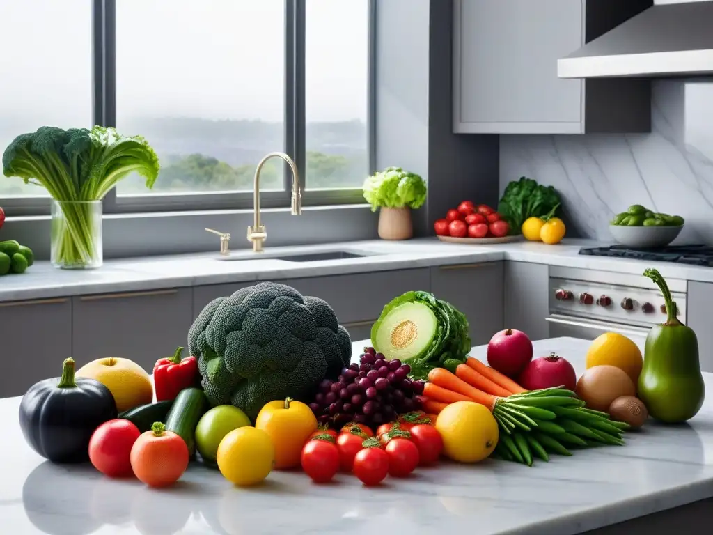 Una escena de cocina vibrante y moderna con una variedad de frutas y verduras frescas y coloridas en una encimera de mármol