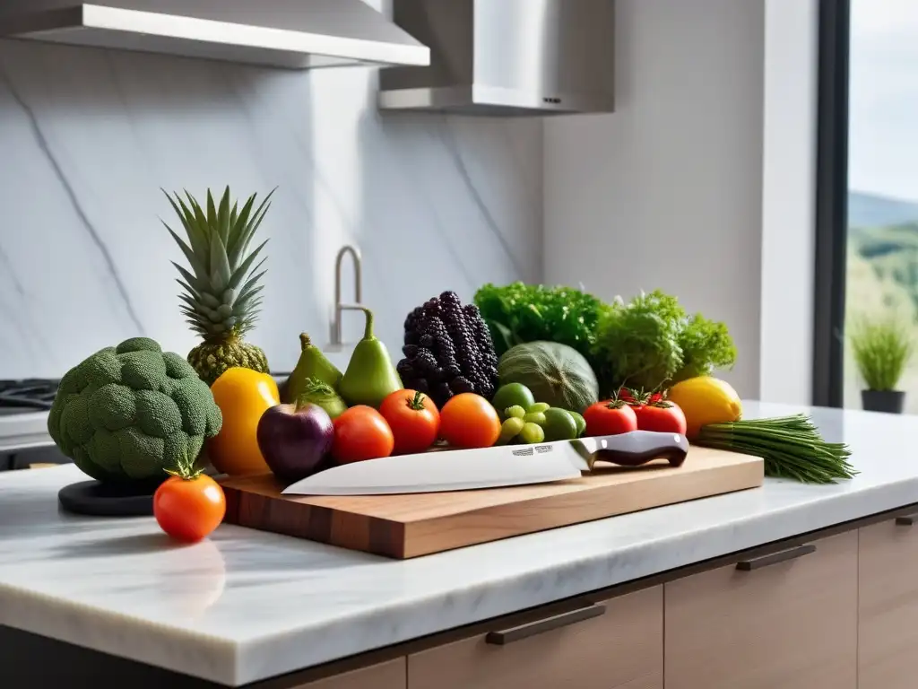 Una escena de cocina vibrante y moderna con frutas, verduras y hierbas coloridas sobre una elegante encimera de mármol