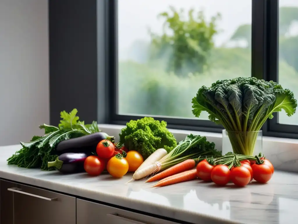 Escena de cocina vibrante con vegetales frescos y coloridos en una encimera de mármol, bañados por la luz del sol