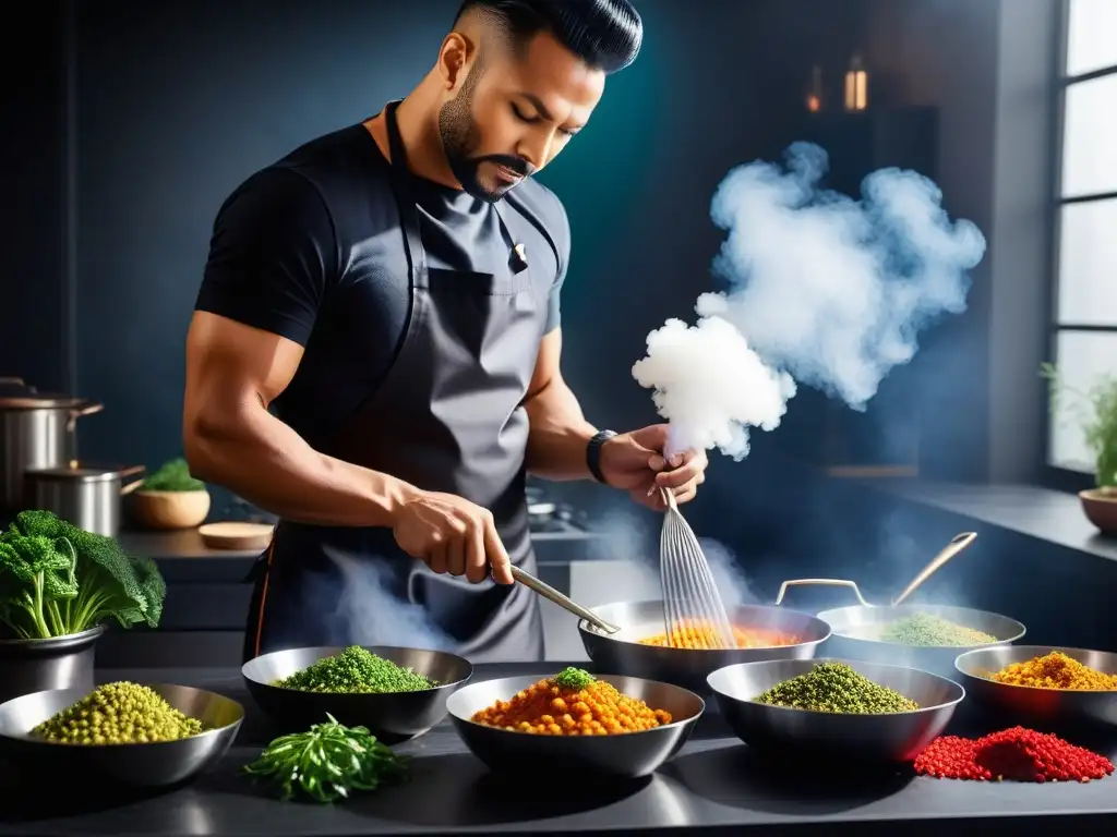 Una escena culinaria vibrante y moderna con platos veganos coloridos preparados con técnicas de baja temperatura