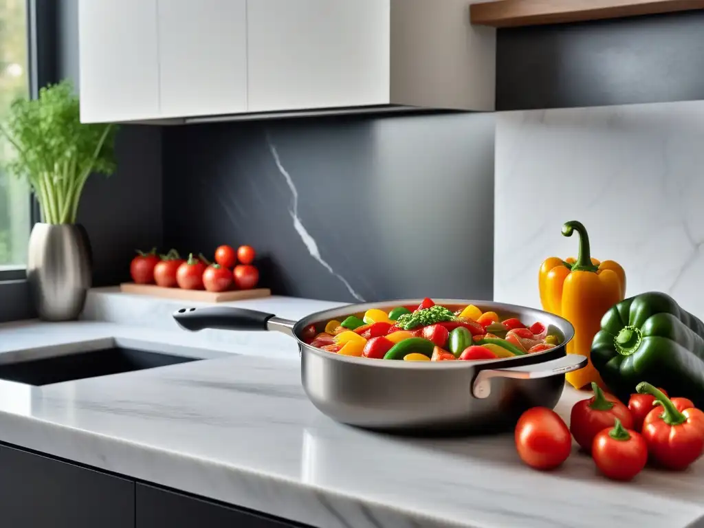 Escena culinaria vibrante con verduras frescas en cocina moderna