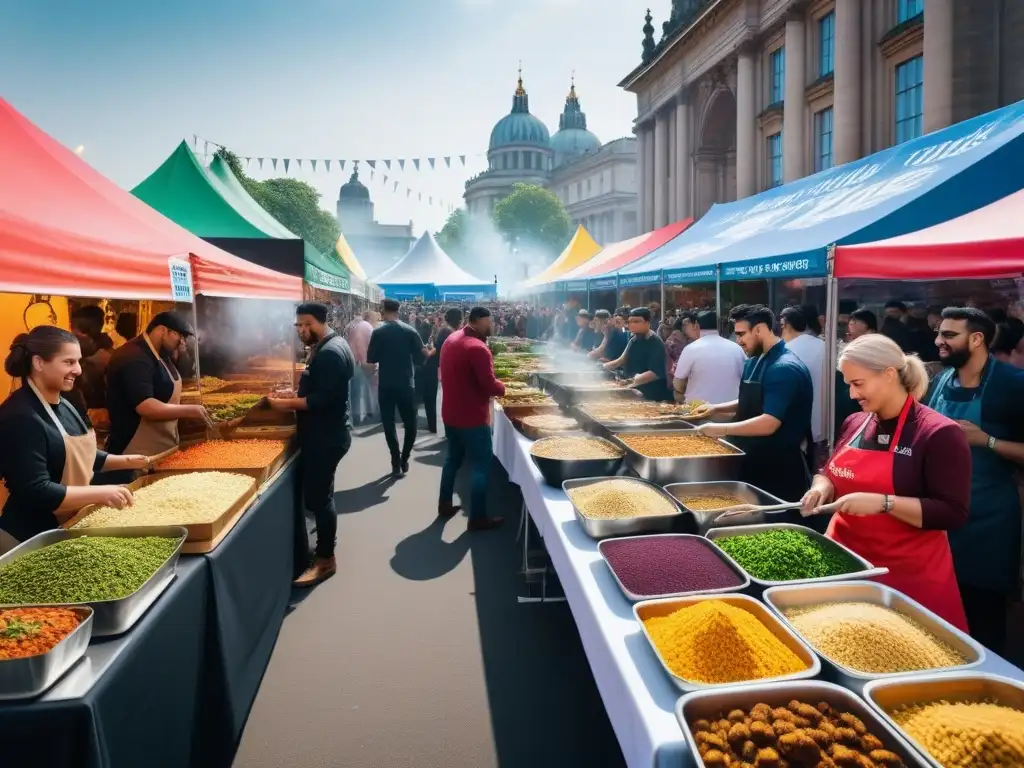 Escena detallada de un animado festival vegano, con personas explorando puestos de comida colorida de diversas culturas