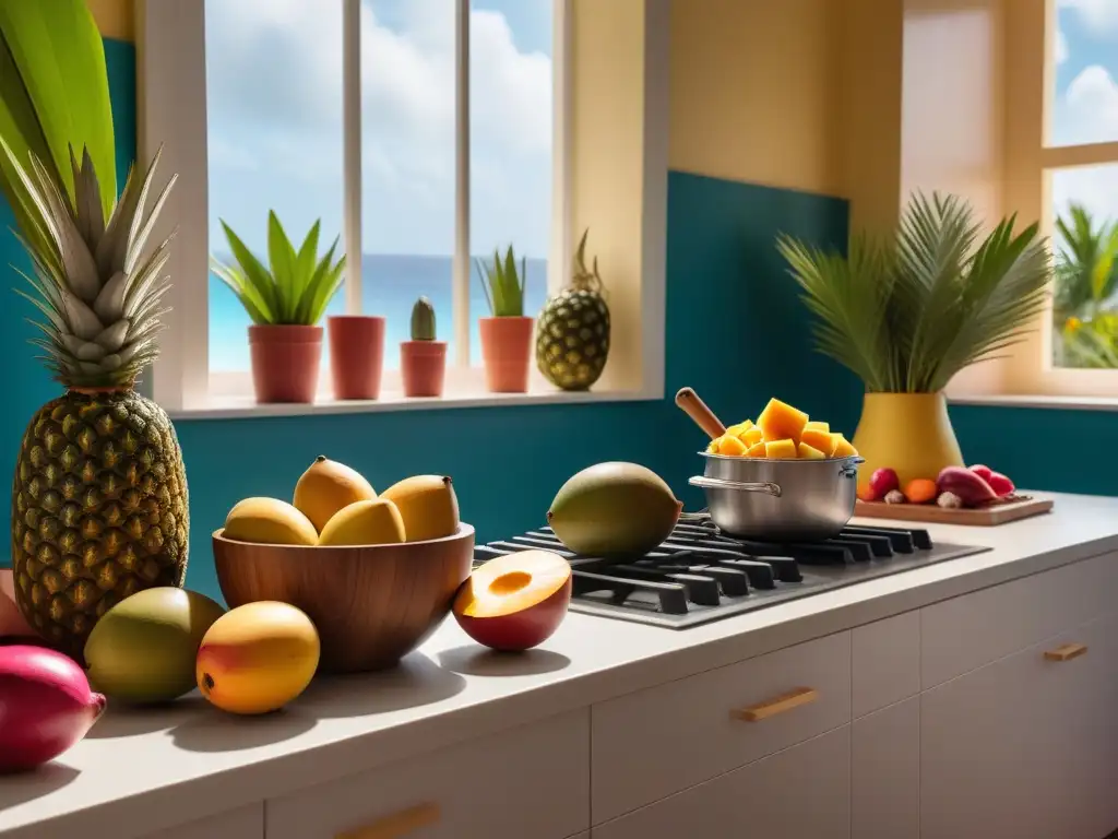 Escena detallada de una cocina vegana caribeña vibrante con frutas tropicales y verduras, en un entorno moderno iluminado por luz natural