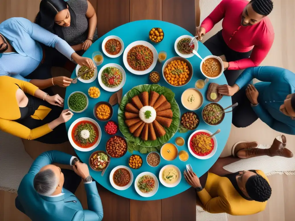 Una escena diversa y colorida de personas disfrutando de alimentos veganos ricos en hierro, en un ambiente cálido y acogedor