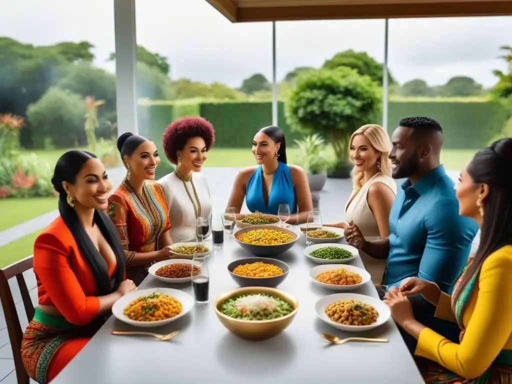 Una escena diversa y unida de personas disfrutando de platos veganos en un comedor luminoso, simbolizando veganismo y seguridad alimentaria mundial