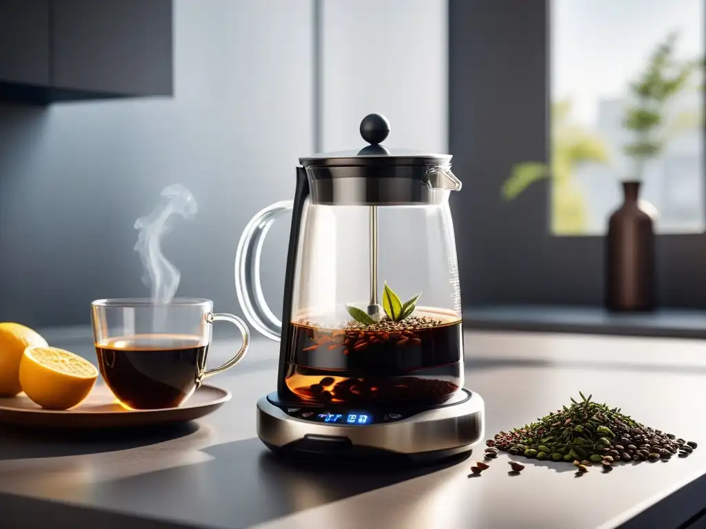 Escena elegante de cocina vegana con accesorios de lujo, contenedores de té y café, teapot y French press