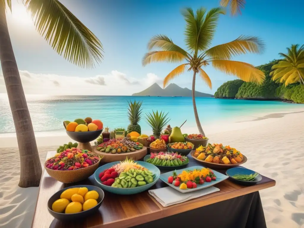 Una escena exótica en Oceania: Cocina vegana en destinos exóticos con palmeras verdes y un festín de sabores tropicales al atardecer