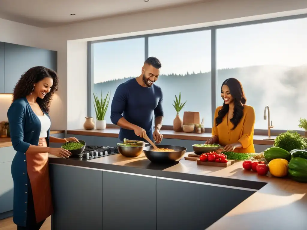 Una escena familiar en una cocina vibrante, con variedad de ingredientes veganos y unión entre generaciones