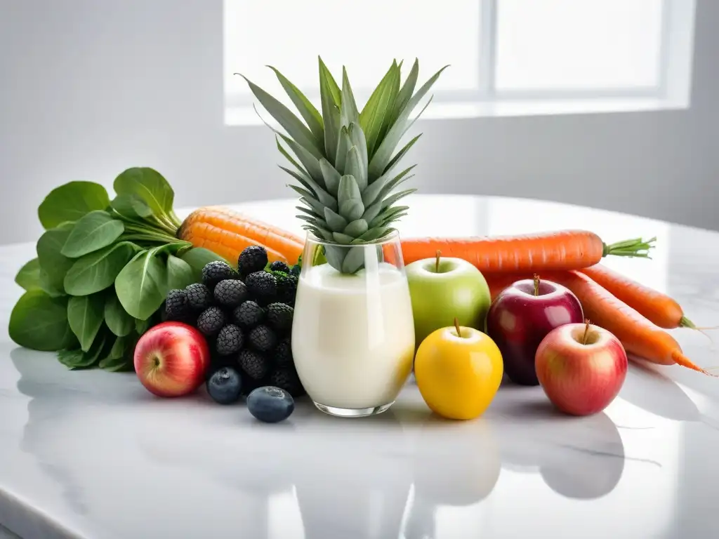 Una escena fresca y vibrante de frutas y verduras en un mostrador de mármol blanco, resaltando la frescura y nutrientes de la leche vegetal casera