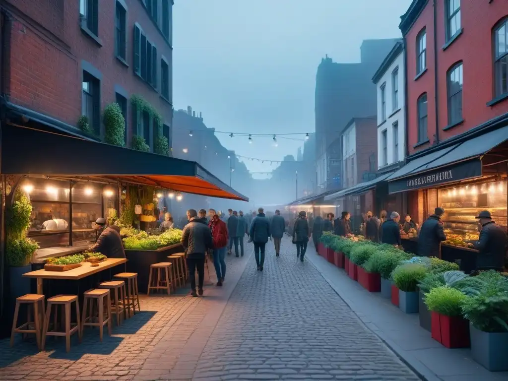 Escena futurista: ciudad con restaurantes veganos, vehículos eléctricos y personas sostenibles