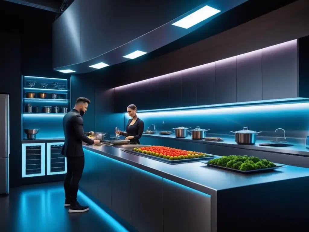 Una escena futurista de cocina vegana con sistema de IA en cocina vegana, platos coloridos y diseño intrincado