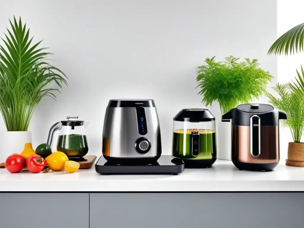 Cocina futurista con electrodomésticos ecofriendly Escena futurista de cocina vegana con electrodomésticos eficientes y diseño innovador, iluminación natural y plantas