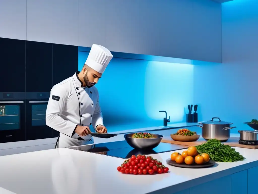 Escena futurista de cocina vegana con tecnología avanzada y diseño innovador