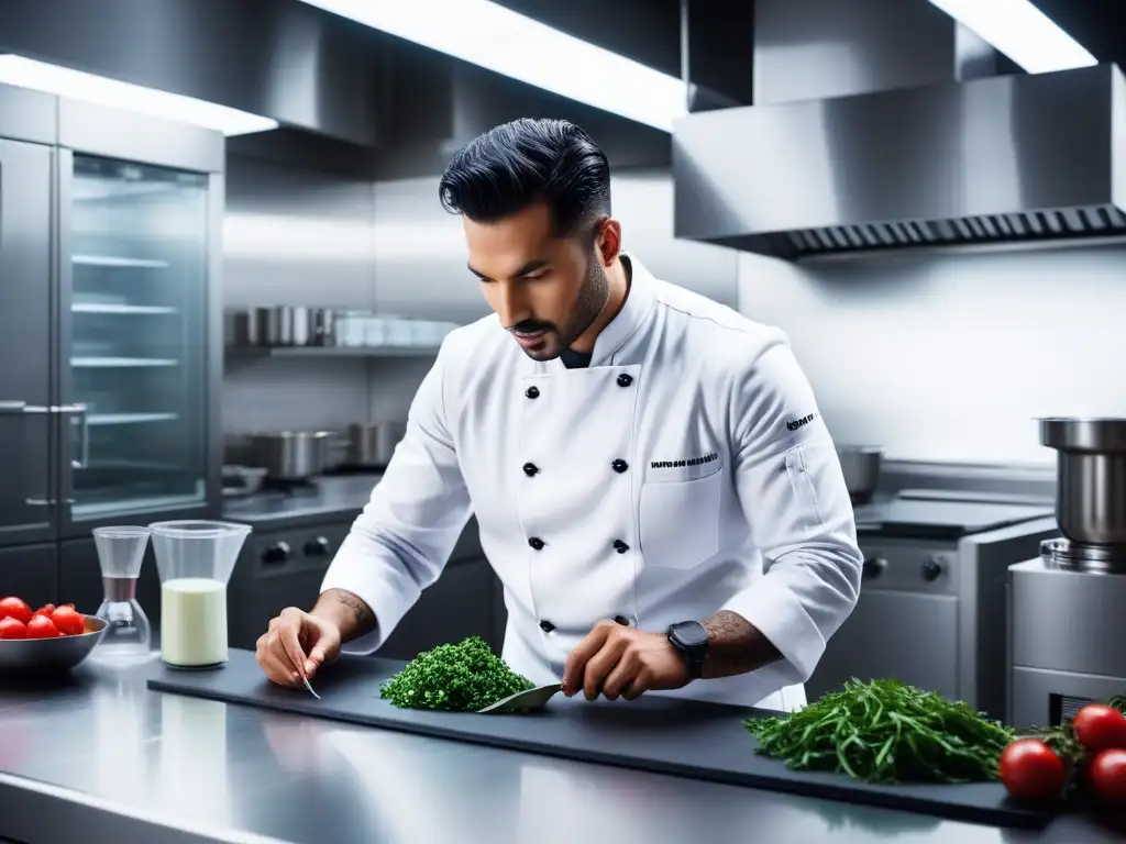 Escena futurista de innovaciones tecnológicas en cocina vegana, con chef preparando plato con precisión y robots ayudando en proceso